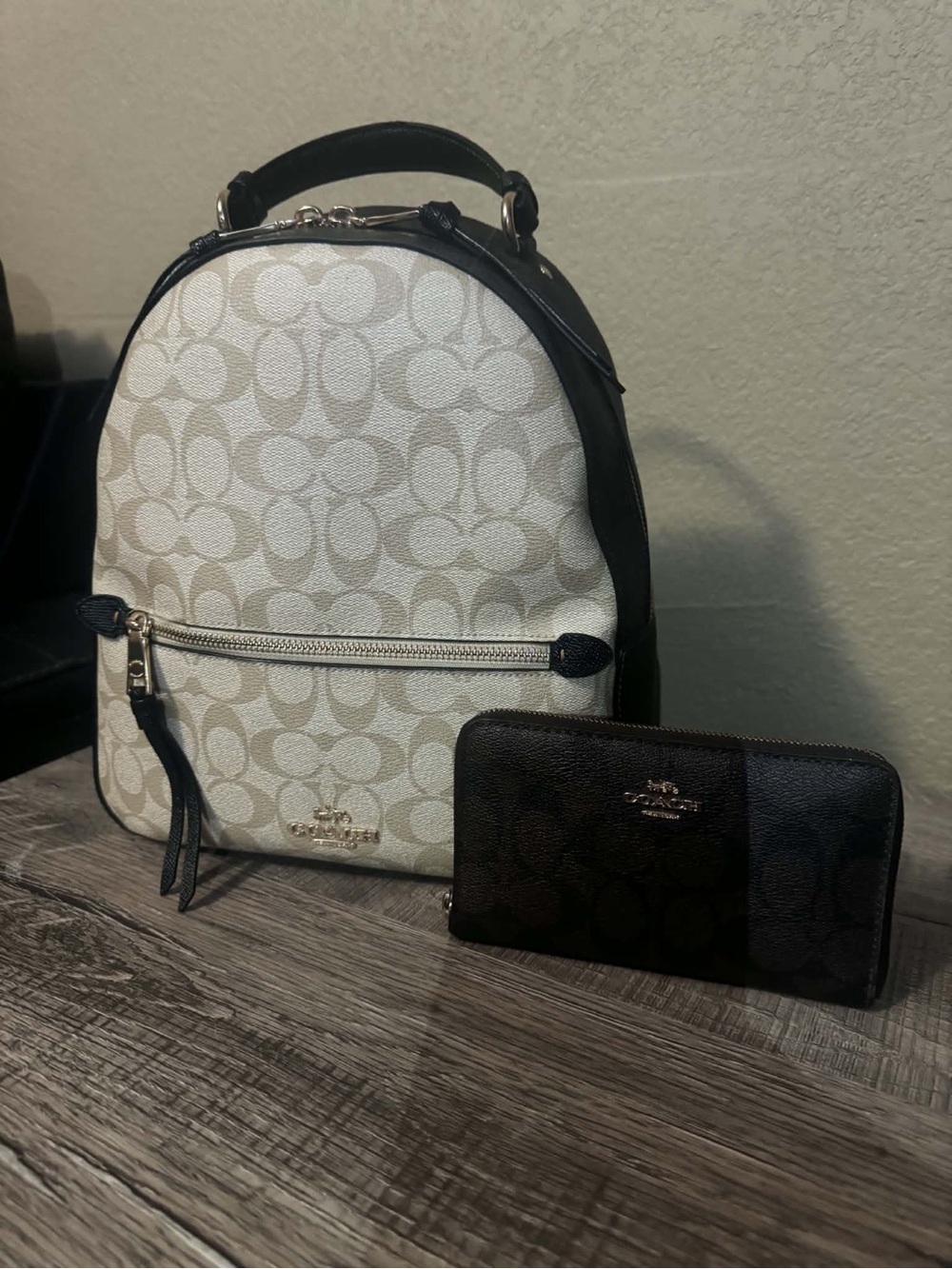 Coach Chalk Signature mediumBackpack with Black Leather Trim and Matching Wallet